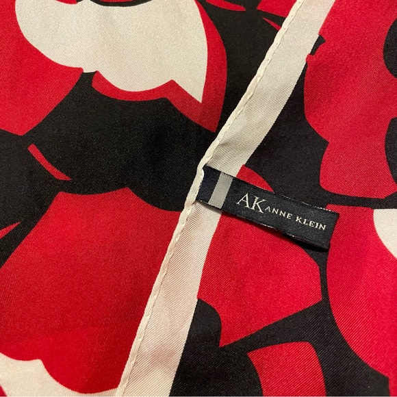 Anne Klein silk scarf in red and black floral. Oblong shape 14 by 60 inches. - Picture 4 of 6